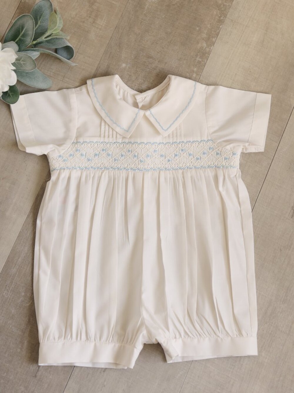 Boys Heirloom Vintage Smocked Pintuck Romper Ivory & Blue Special Occasion NWT